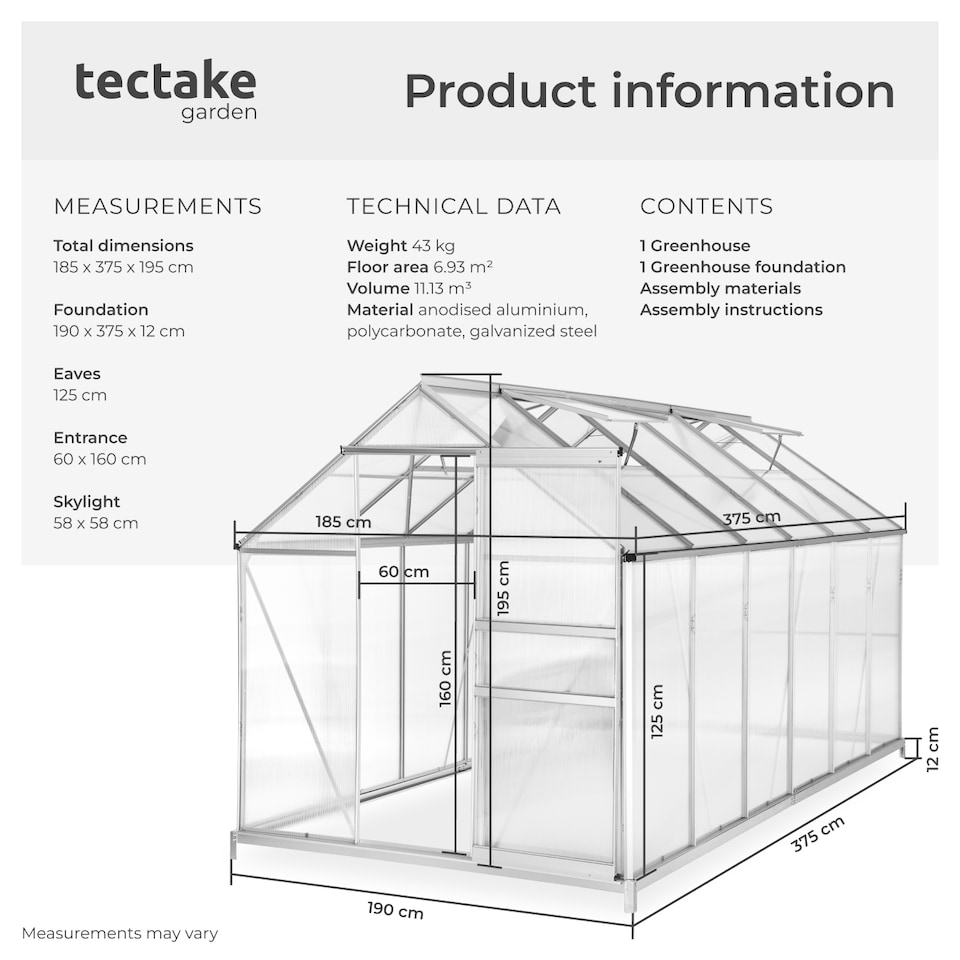 image 1 of Greenhouse with foundation - anodised aluminium, 185 x 375 x 195cm