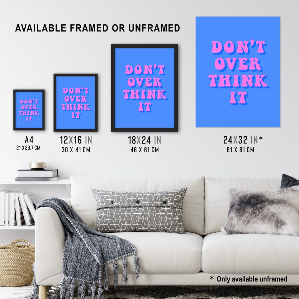 image 1 of Don't Overthink It Simple Retro Pink Blue XL Wall Art Print 24X32 In