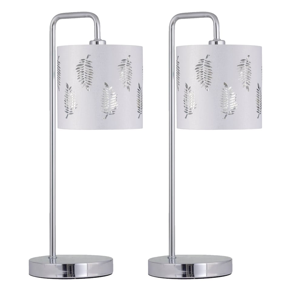 image 1 of Set of 2 Arched Table Lamps with White Fern Shades | Chrome | White | Large | 2