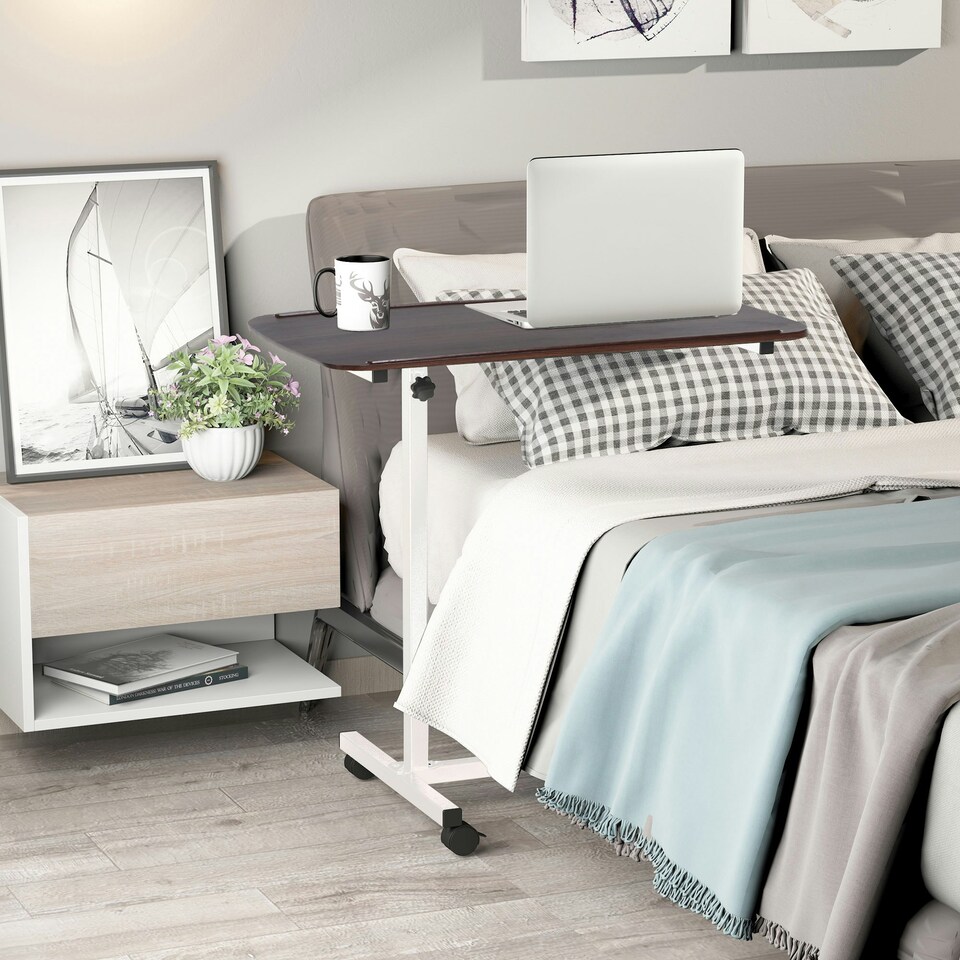 image 1 of HOMCOM C-Shaped Mobile Table Sofa Over Bed Side Nightstand w/ Casters, Brown