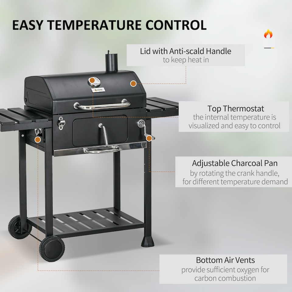 image 1 of Charcoal BBQ Grill Smoker Trolley with Shelves, Bottle Opener and Wheels