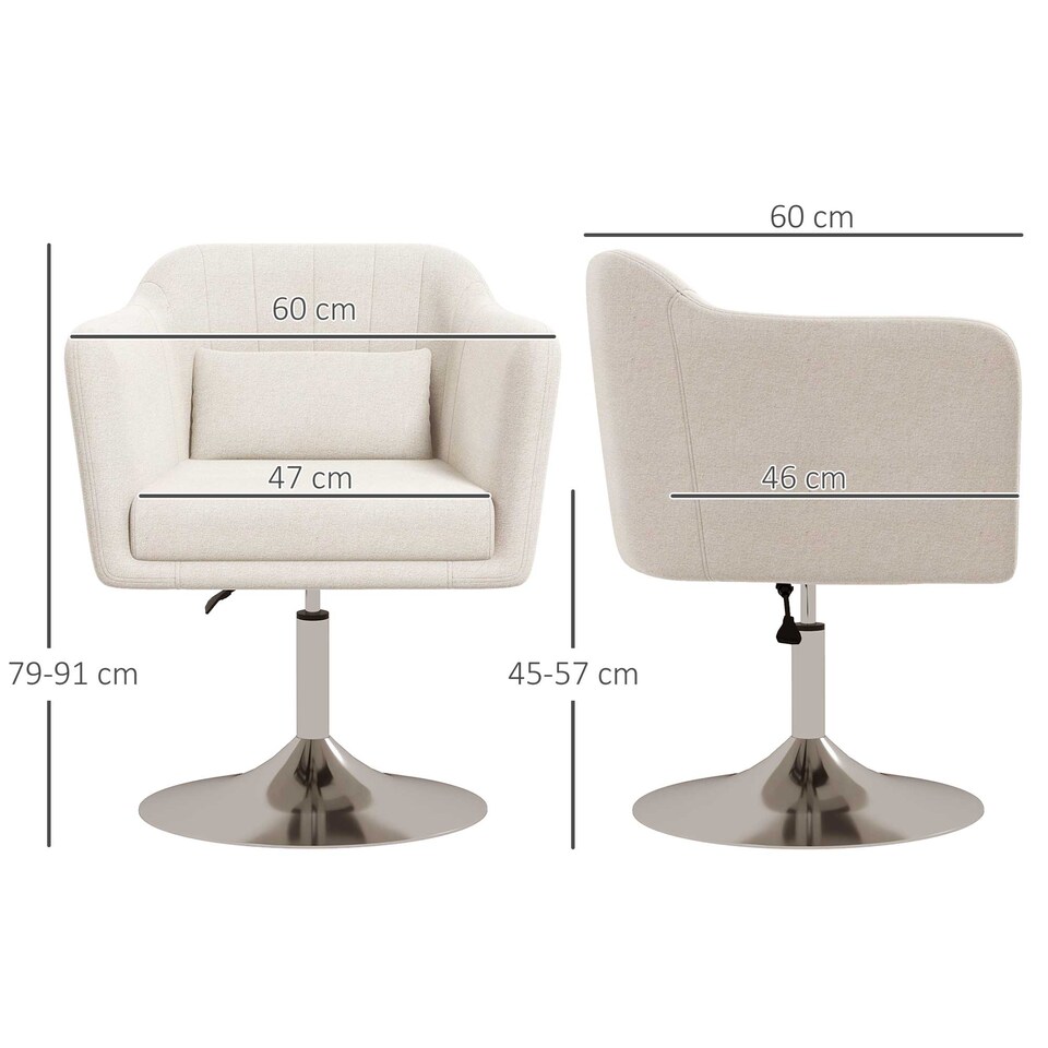 image 1 of HOMCOM Swivel Linen Fabric Accent Chair for Living Room Contemporary Vanity Armchair with Adjustable Height Thick Cushion Lumbar Support Armrest for Bedroom Office Cream White