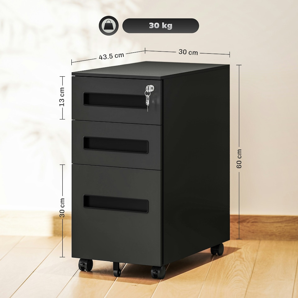 image 1 of Vinsetto Lockable Mobile Filing Cabinet w/ 3 Drawers 30 x 43.5 x 60 cm Black 