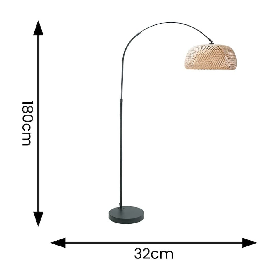 image 1 of ValueLights Louis Black Arched Curved Floor Lamp with Bamboo Donut Shade | Cream