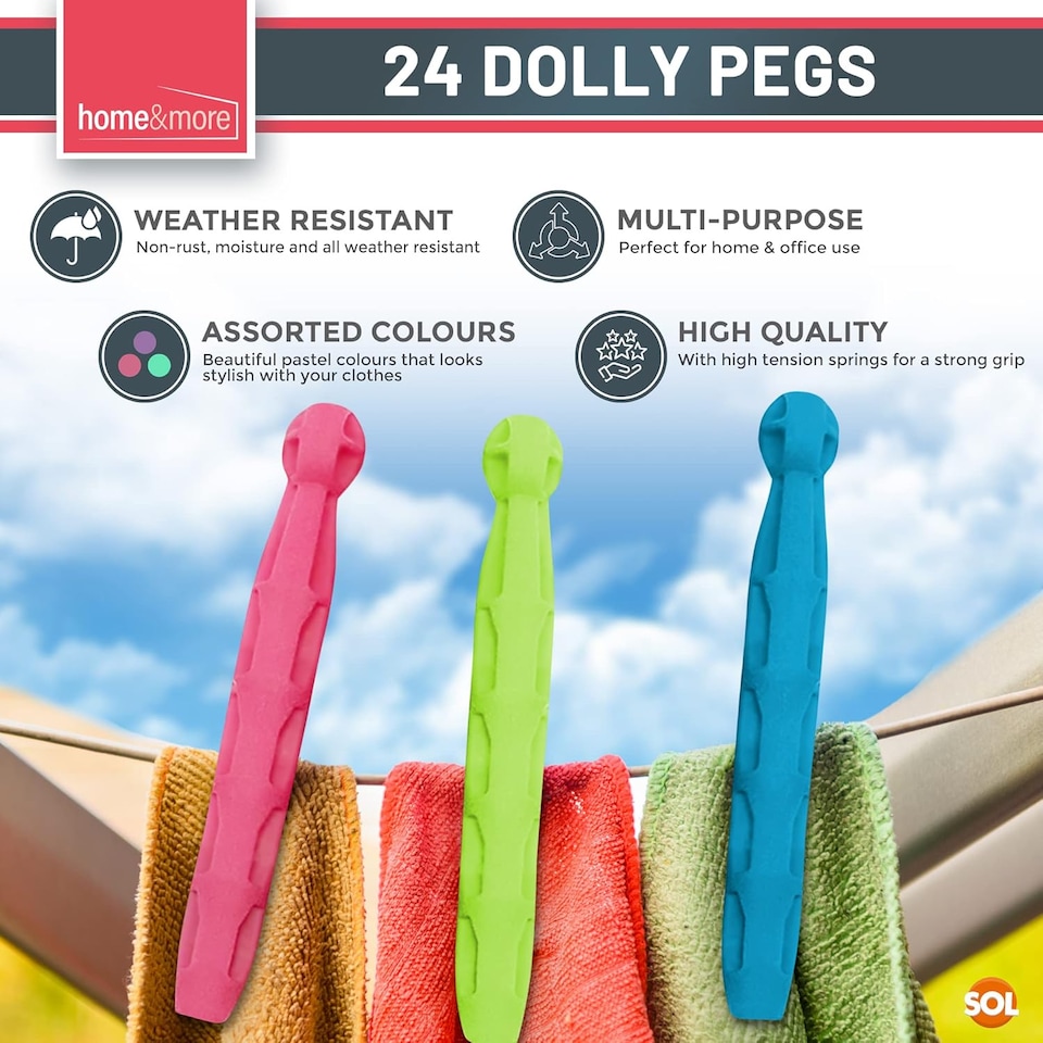 image 1 of 24pk Dolly Pegs for Washing Line – Heavy Duty Plastic Clothes Clips with Extra Strong Grip, Weather-Resistant for Indoor/Outdoor Drying