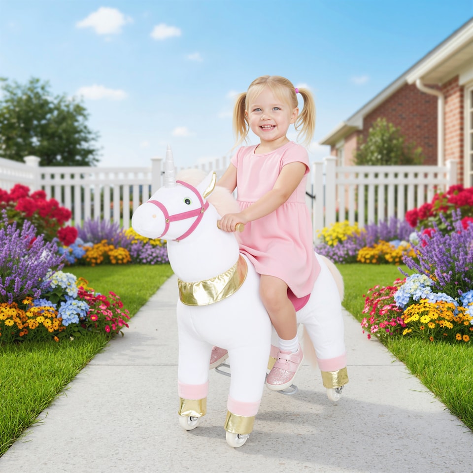 image 1 of AIYAPLAY Kids Rocking Horse, Plush Ride On Unicorn Toy with Wheels, White