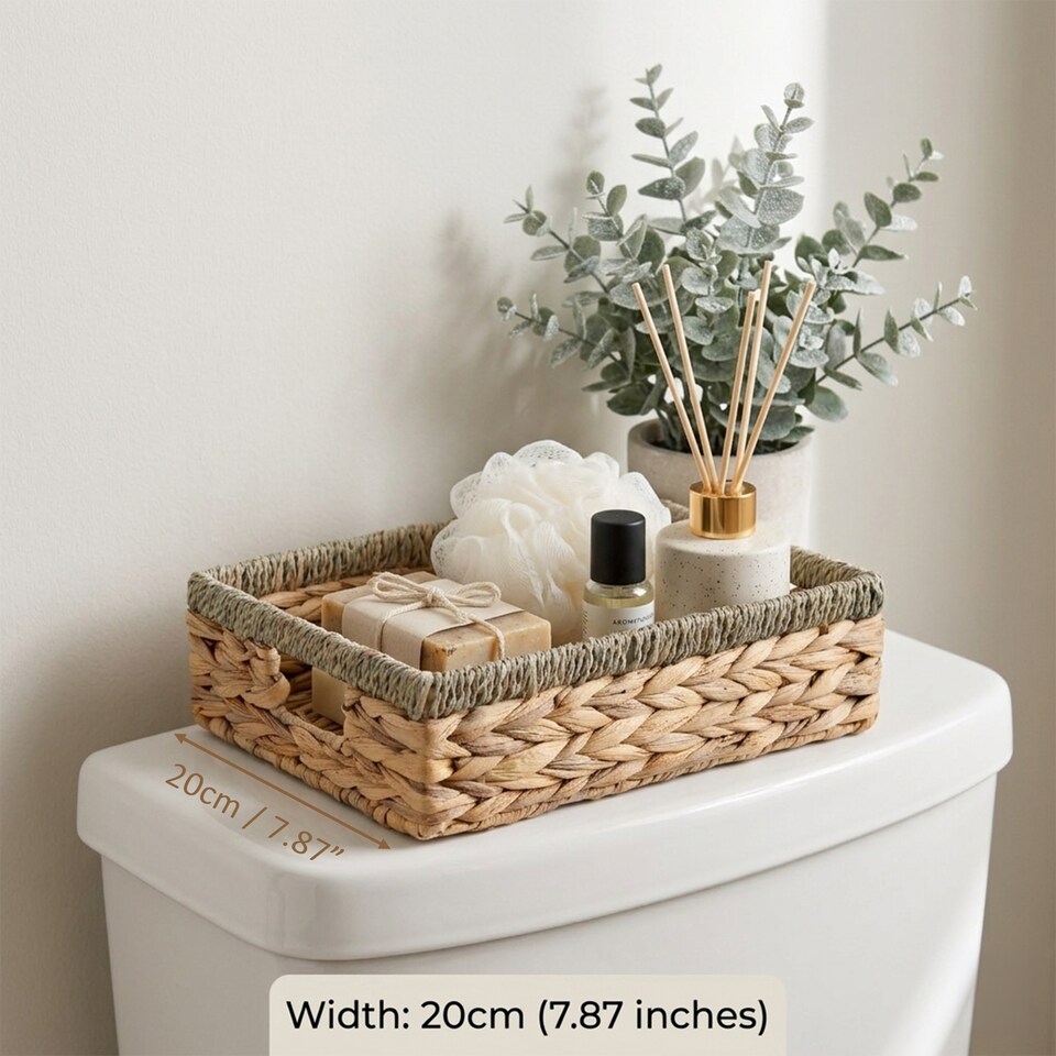 image 1 of Wickerfield Shallow Woven Water Hyacinth Basket, Wicker Hamper Basket with Handle, Storage Baskets for Bathroom Toys Gift with Seagrass Border (Medium)