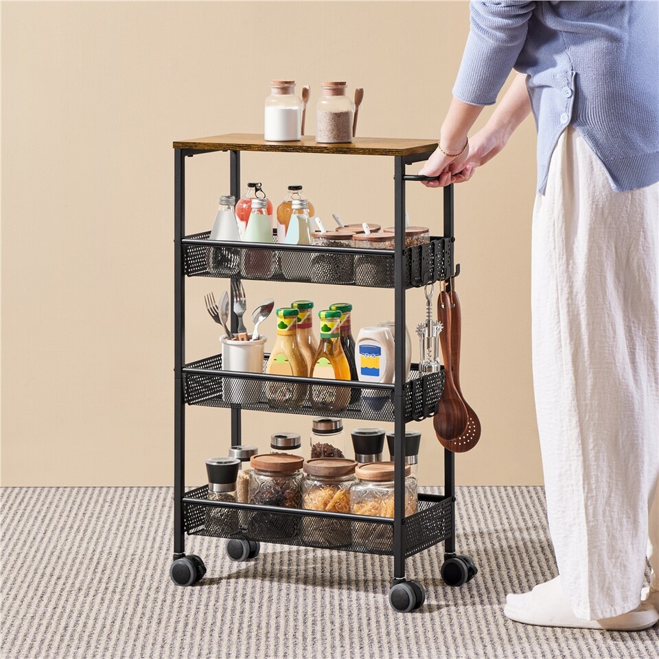 image 1 of Yaheetech 4-Tier Storage Trolley on Wheels with Steel Frame | Brown | Rustic Brown | One Size