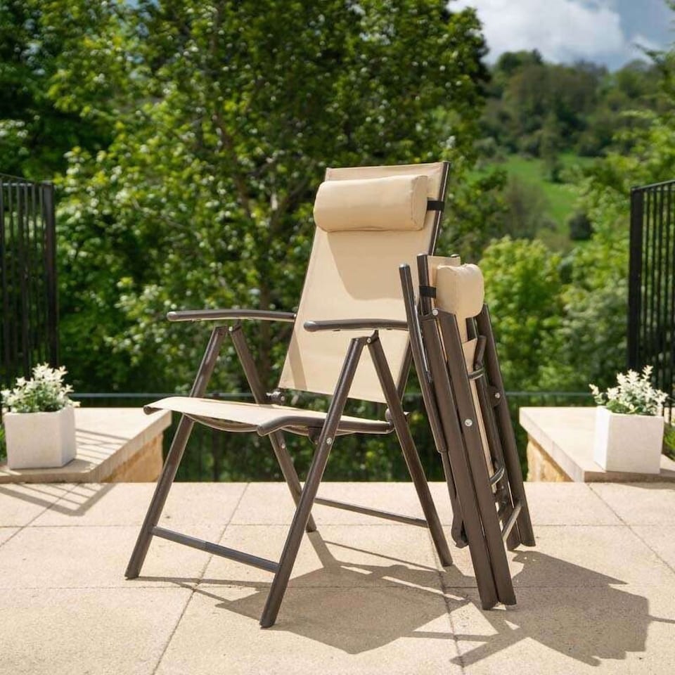 image 1 of 4 Seater Dining Set Garden Furniture With Parasol Reclining Chairs Glass Table In Mocha
