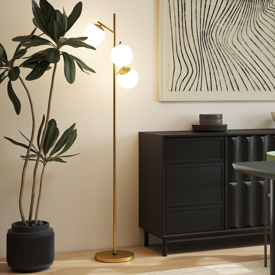 image 1 of HOMCOM 3-Light Tree Floor Lamps for Living Room, Modern Standing Lamp for Bedroom with Globe Lampshade, 3000K/4000K/6000K Colour Temperatures, Steel Base, Gold Tone | Gold