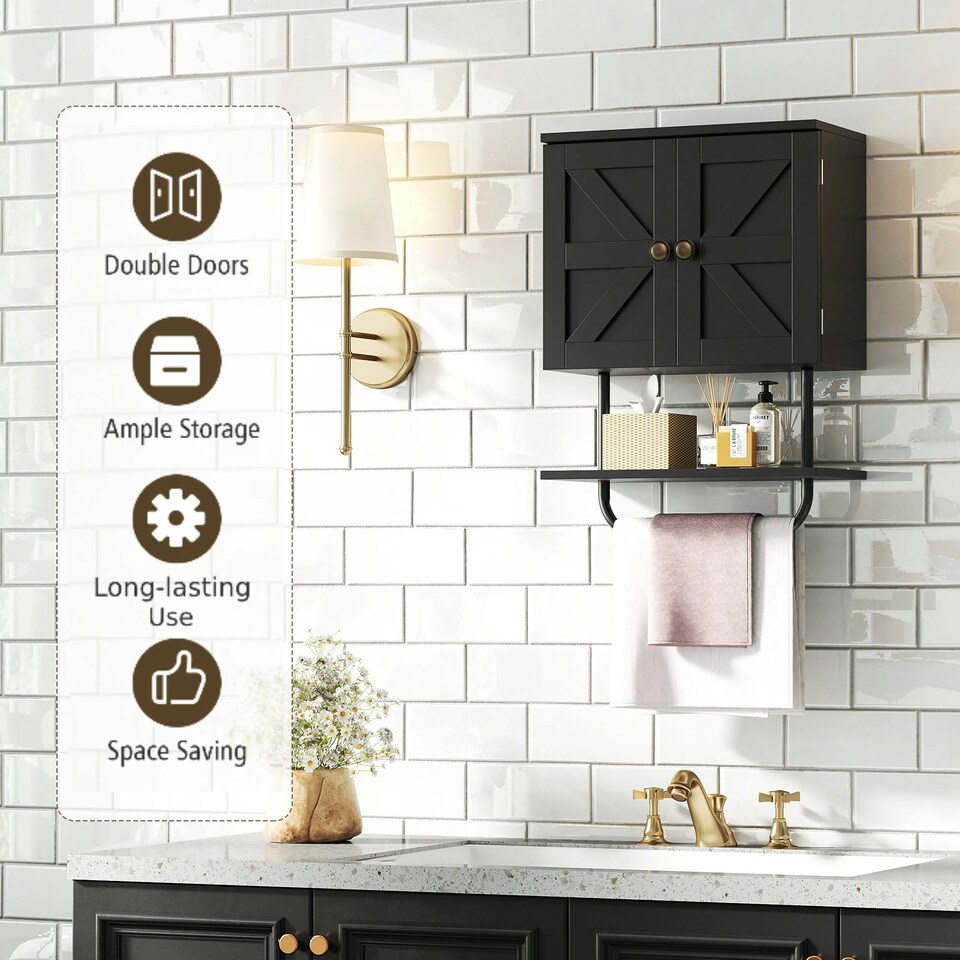 image 1 of COSTWAY Bathroom Cabinet Wall-Mounted Medicine Cabinet Black Black