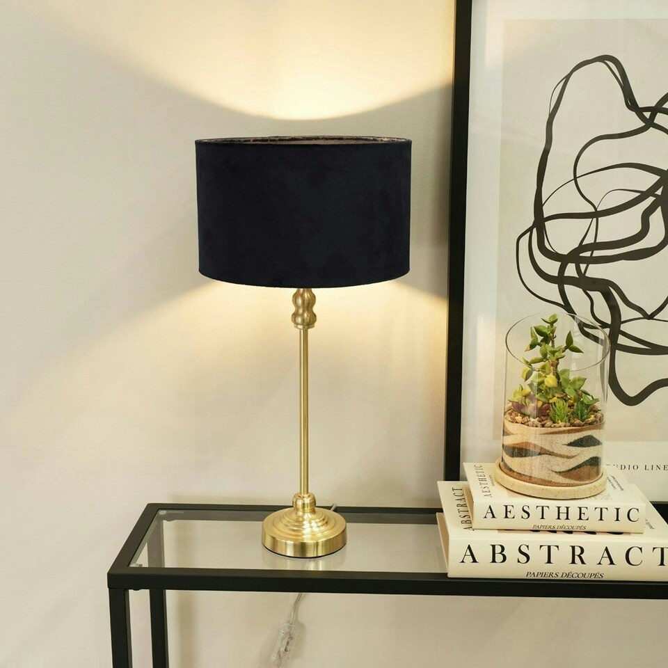 image 1 of ValueLights Maggie Gold Metal Candlestick Slim Table Lamp with Black Velvet Drum Lamp Shade