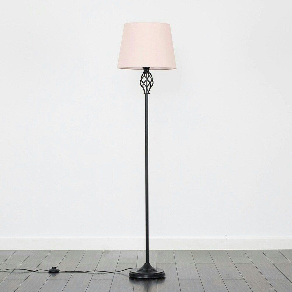 image 1 of ValueLights Memphis Matte Black Floor Lamp with Medium Pink Tapered Shade and E27 GLS LED 10W Warm White 3000K Bulb