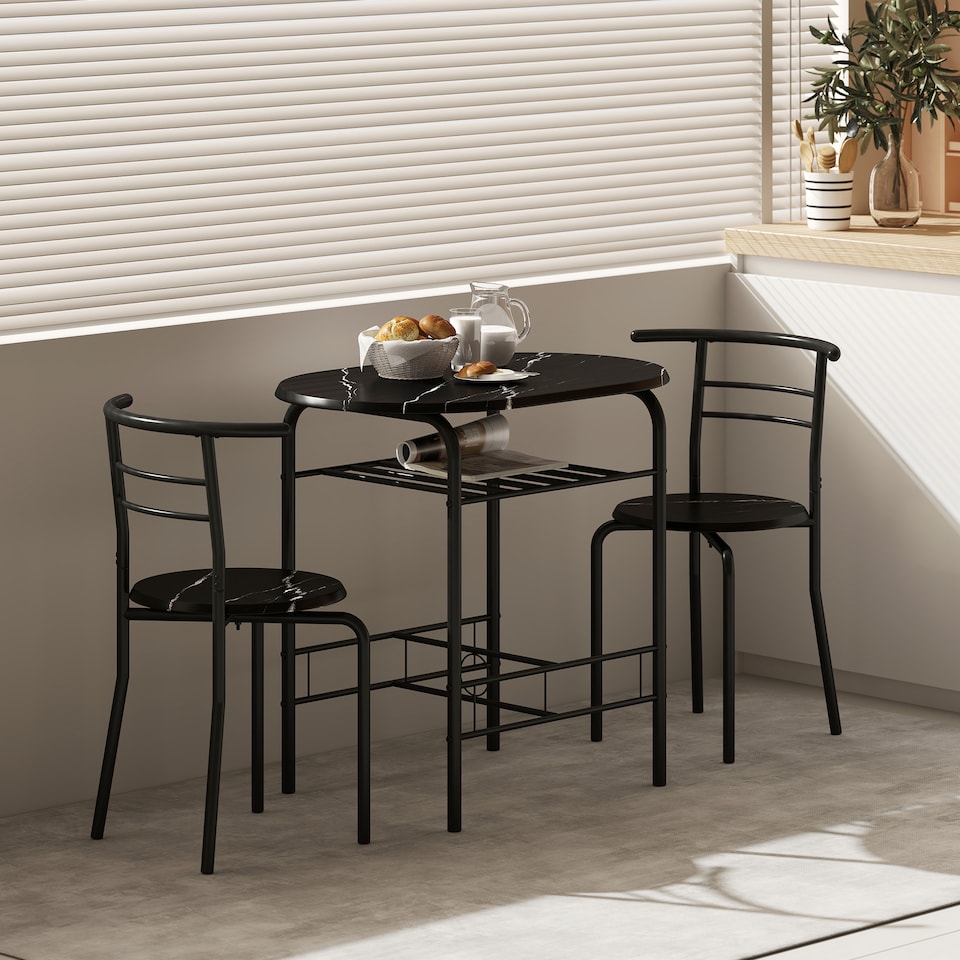 image 1 of HOMCOM Breakfast Bar Table and Stools Set, Dining Room Set with Shelf, Black | Black | Black