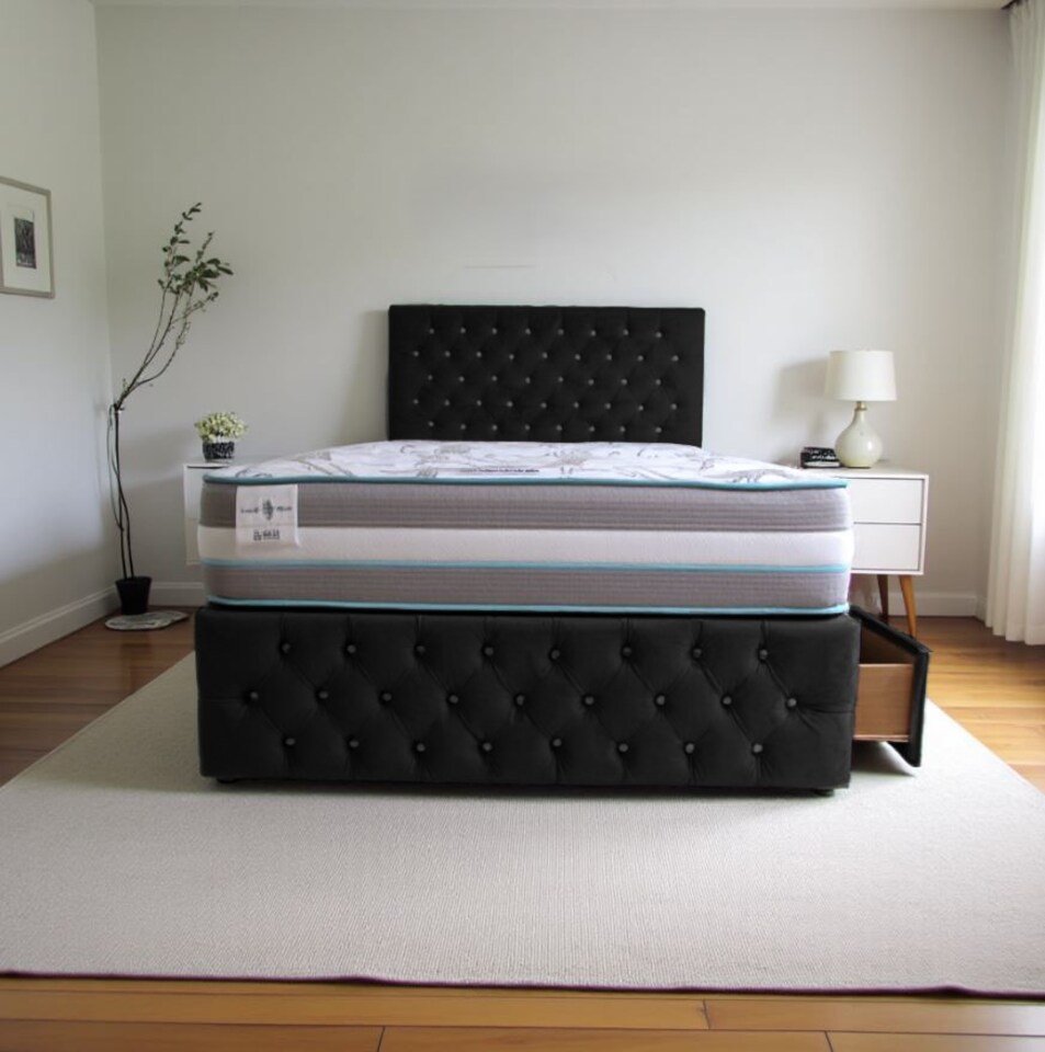 image 1 of Delaware Plush Bed With Mattress, 2 Drawers Same Side & Headboard