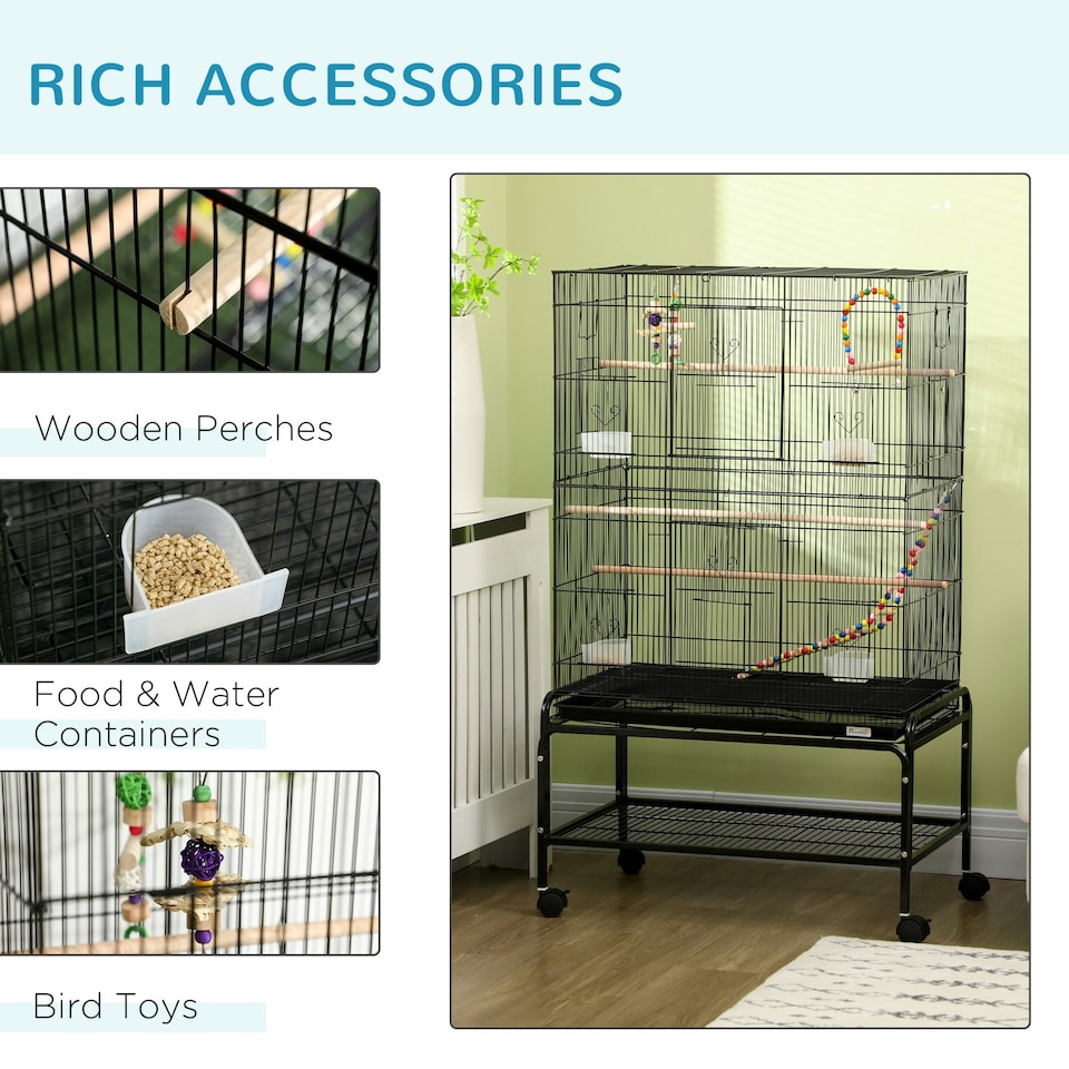 image 1 of PawHut Bird Cage, with Stand, Wheels, Toys, for Budgies, Finches, Parakeets