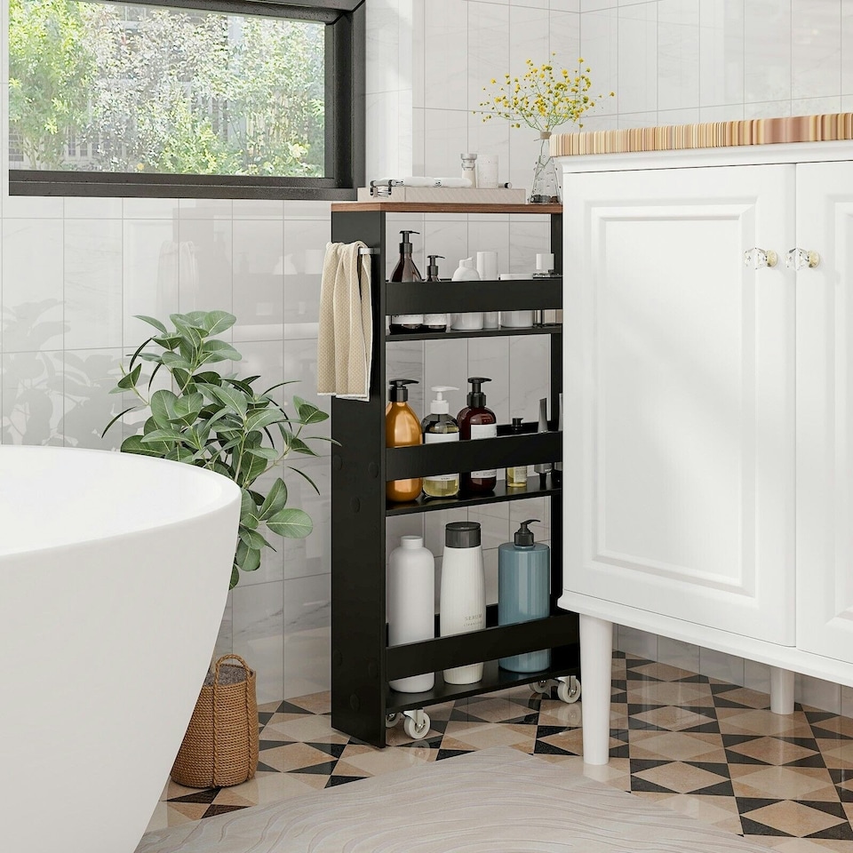 image 1 of COSTWAY 4-Tier Slim Storage Cart with Open Shelves Black Black