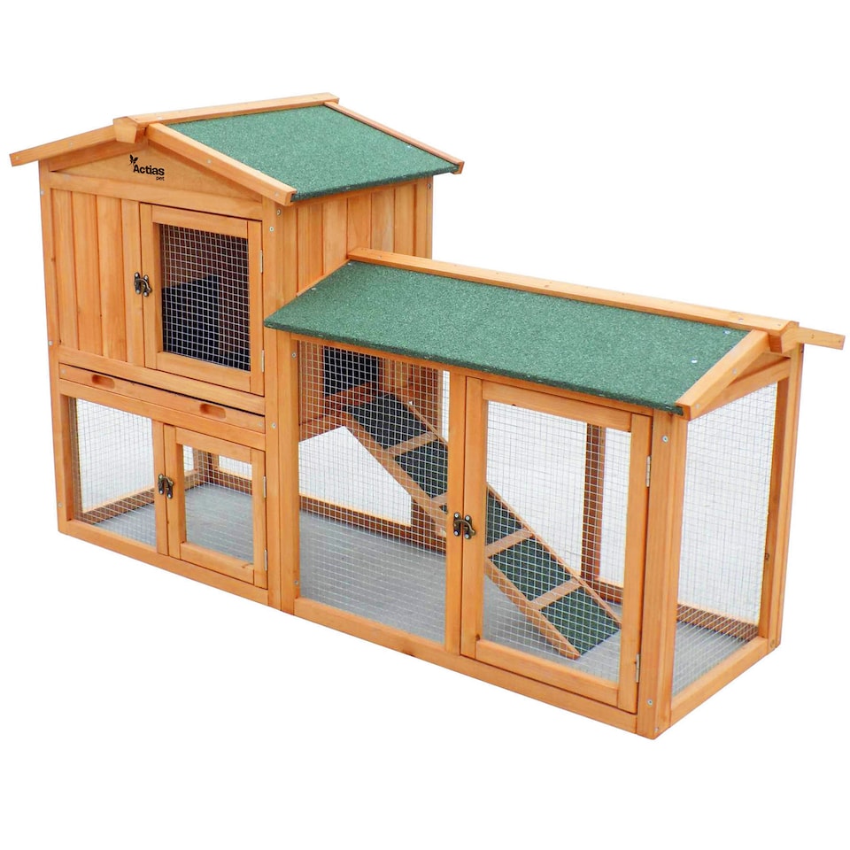 image 1 of Actiaspet - Portable Wooden Rabbit Hutch with Run (Fir & Plywood) | 147cm x 52cmx 85.5cm