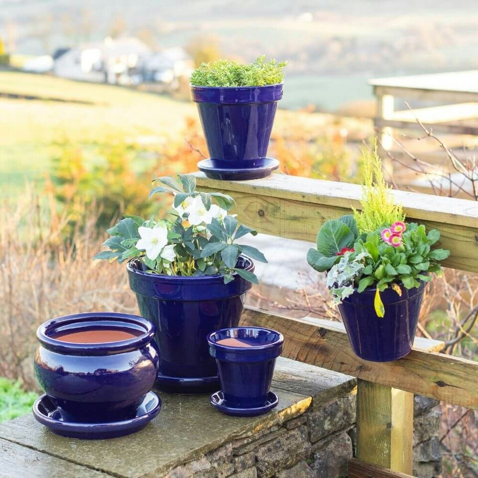 image 1 of Verano Spanish Ceramics Set of 2 Hanging Plant Pots - 22cm Dipped Blue Blue