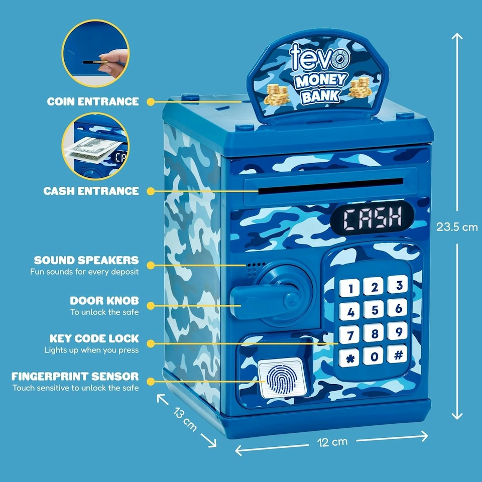 image 1 of Tevo Digital Money Box For Boys - Electronic Kids Safe With Password - Kids Piggy Bank With Auto-Feed