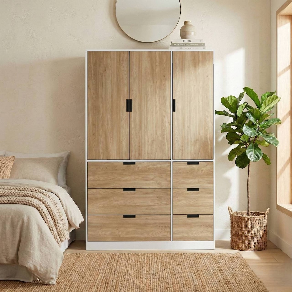 image 1 of RIGA 3 Door 6 Drawer Wardrobe | White | White & Oak | 10 x 44.5 x 79 | 1