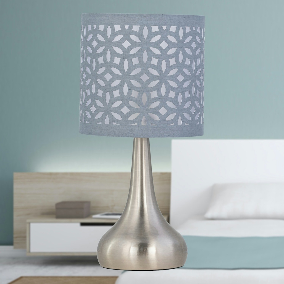 image 1 of Set of 2 Romana - Brushed Chrome Touch Operated Table Lamps Bedside Lights Grey Laser Cut Shade Silver | Grey