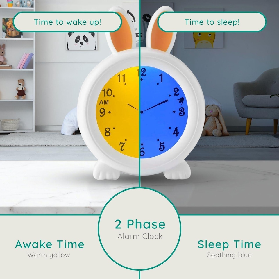 image 1 of Alecto BC-100 Bunny Sleep Trainer for Kids, Day & Night Clock, Blue Moon & Orange Sun Display, Rechargeable, Night Light, Alarm Function
