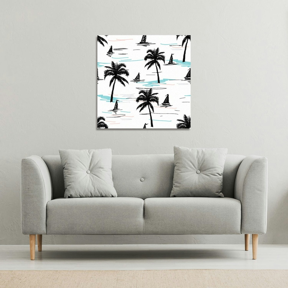 image 1 of Palm Trees & Sailboats (Canvas Print) 90 x 90 x 4cm