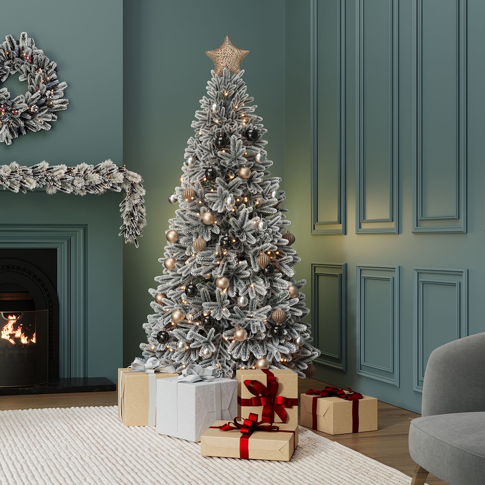 image 1 of Luxury 7ft Pre-Lit Faux Hinged Snowy Christmas Tree