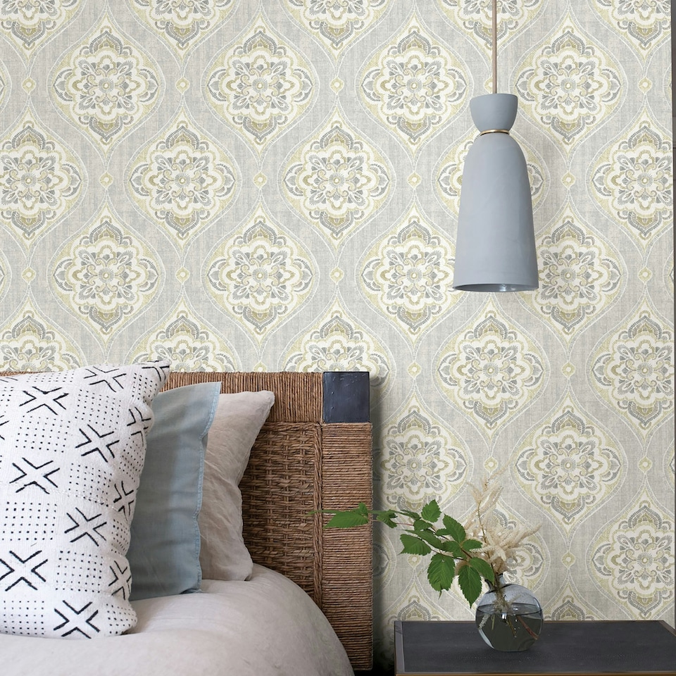 image 1 of NuWallpaper NU3252 Alida Peel & Stick Wallpaper, Grey & Yellow Multi