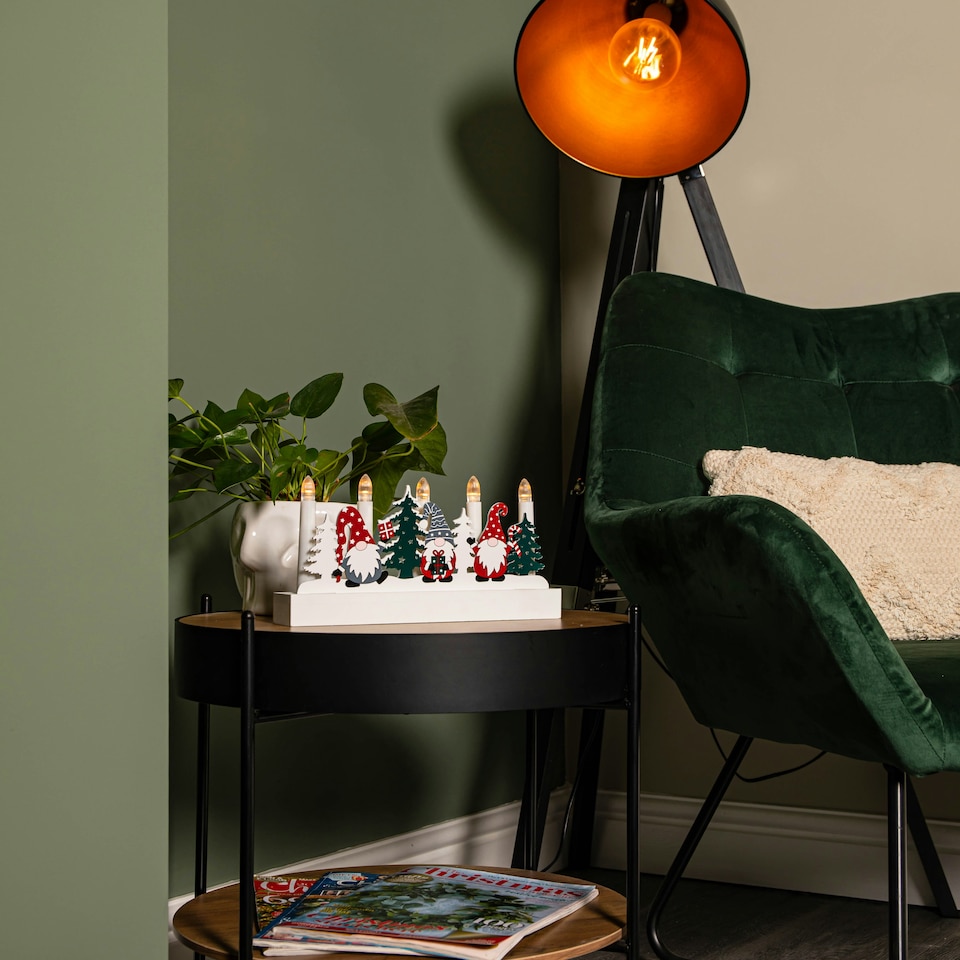 image 1 of 28cm Battery Operated Light up White Wooden Christmas Candle Bridge with Gonk Scene and 5 LEDs