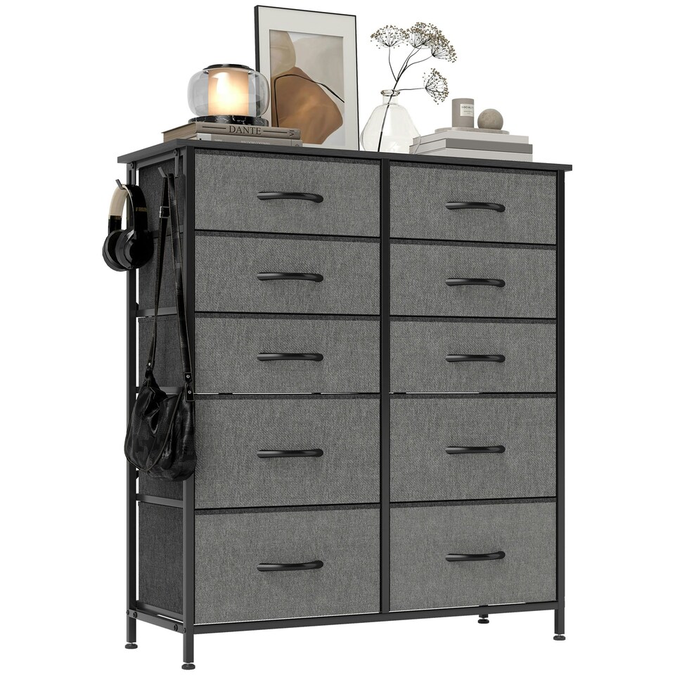 image 1 of HOMCOM Fabric Chest of Drawers, 10 Drawer Dresser for Bedroom, Charcoal Grey Grey