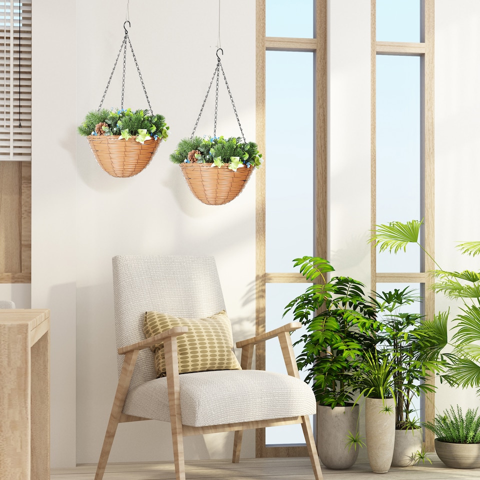 image 1 of HOMCOM Pack of 2 Faux Plant Artificial Lisianthus Flowers, Hanging Planters with Basket, PE Leaves, 18 Flowers and 3 Pinecones, Decorative Faux Plants for Home Office Decor, Green