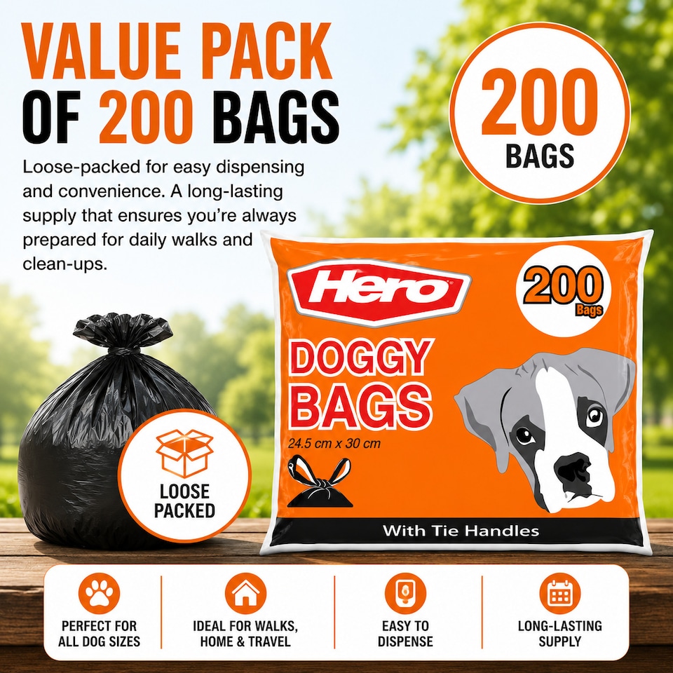 image 1 of Hero 200 Dog Poo Bags with Easy Tie Handles – Extra Thick, Strong & Biodegradable – 200 Pack