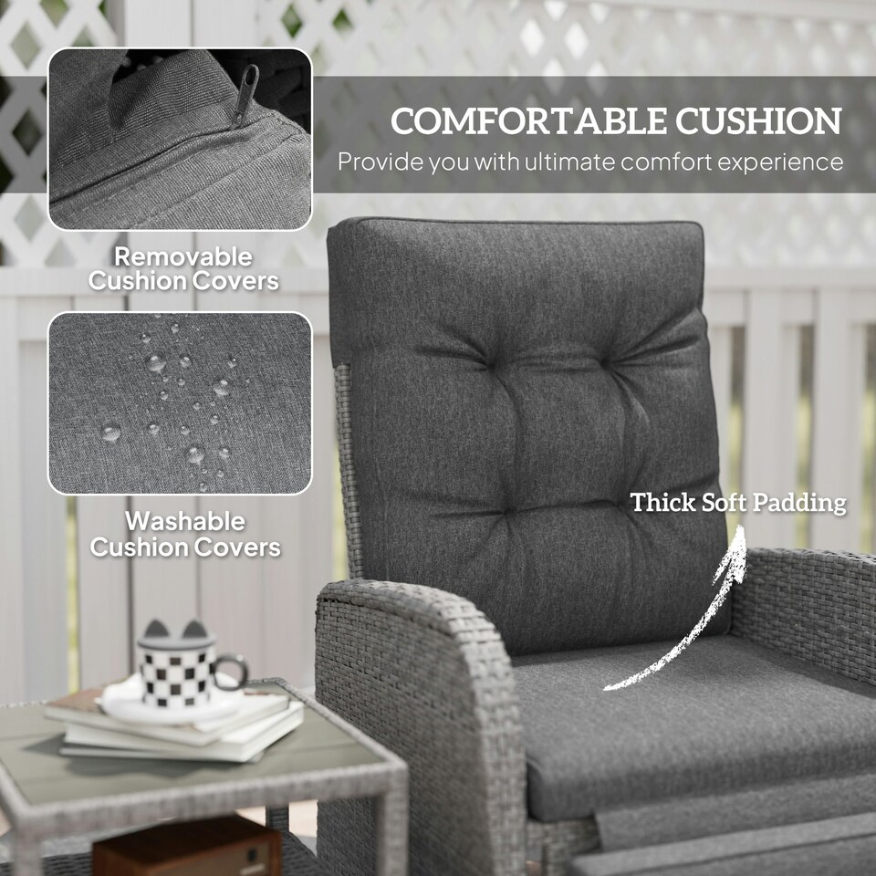 image 1 of Outsunny 3 Pieces Rattan Bistro Set with Cushions for Outdoor, Grey