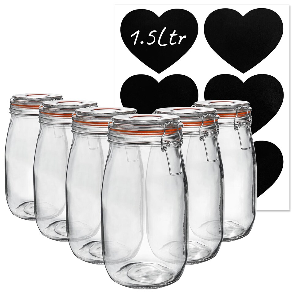 image 1 of Argon Tableware 6x Glass Storage Jars & Heart Labels Set - 1.5 Litre - 4 Seals Airtight Kitchen Storage Container Preserving Jar