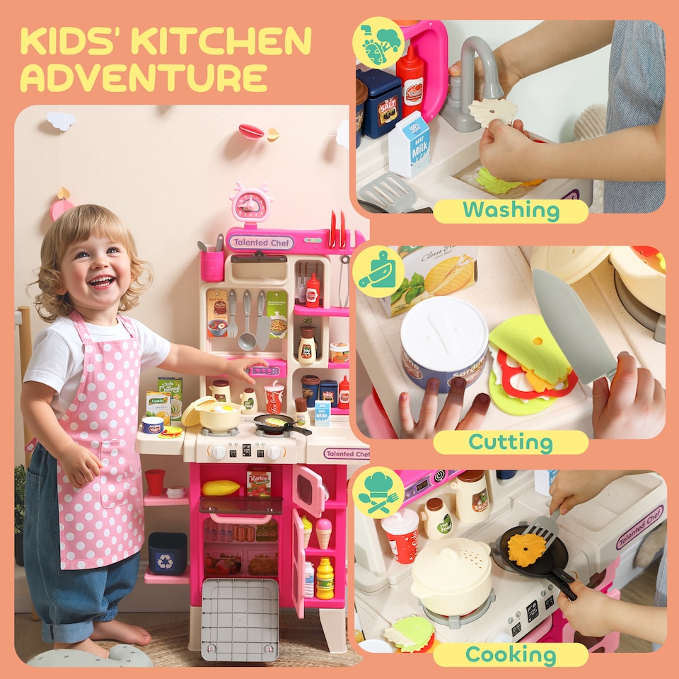 image 1 of AIYAPLAY Kids Play Kitchen Toy Kitchen Pretend Role Play Set 104PCS Accessories Including Realistic Lights & Sounds, Toy Food, Pots, Utensils, for 3-6 Years, Pink