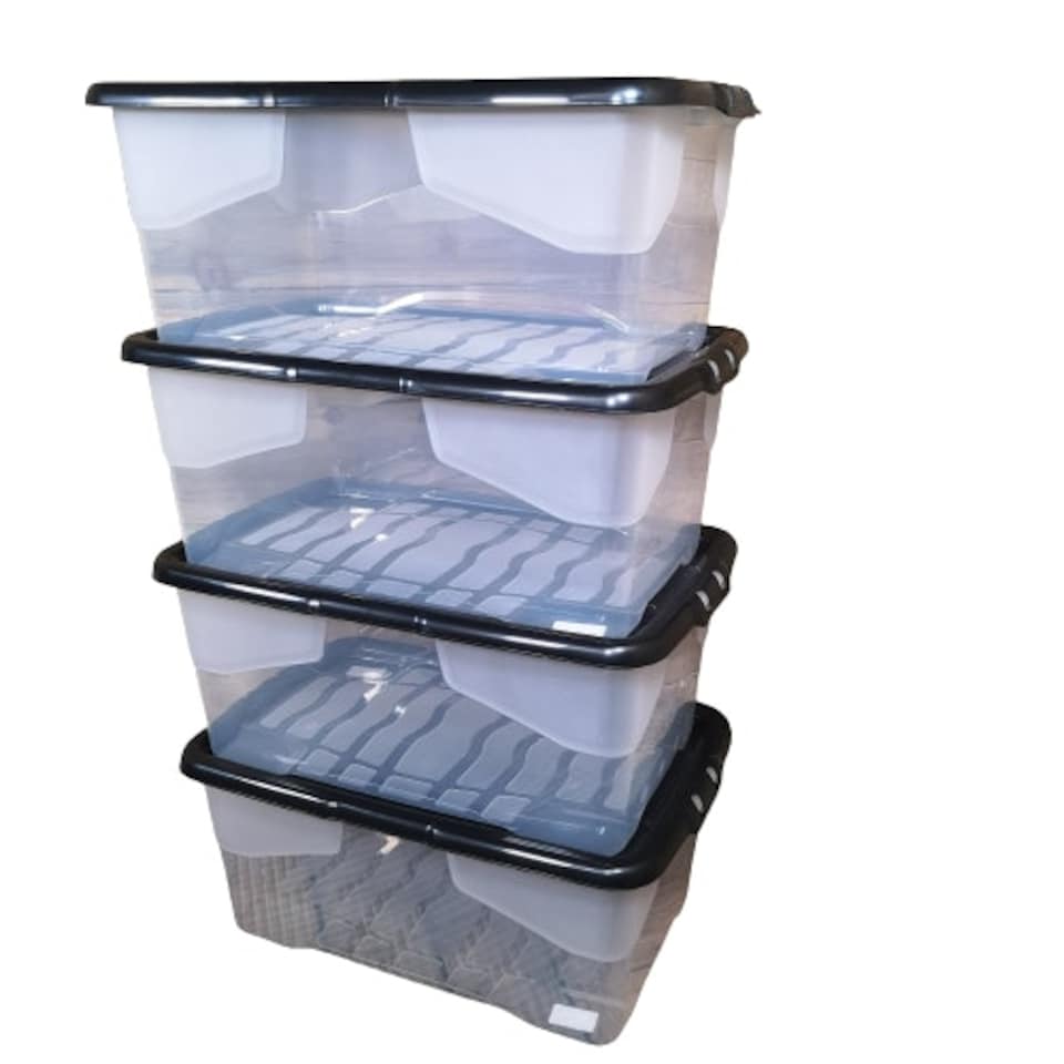 image 1 of 4 x 42L Clear Storage Box with Black Lid, Stackable and Nestable Design Storage Solution