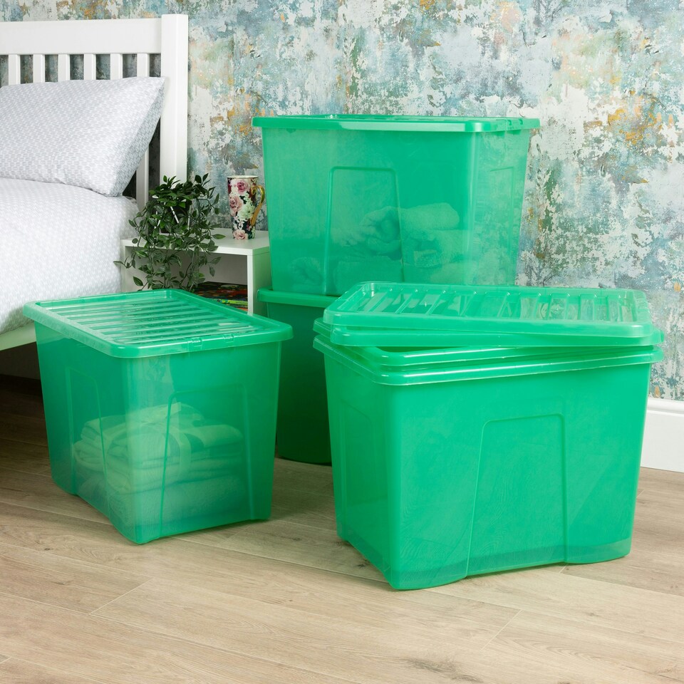 image 1 of Wham Crystal 5 x 80L Stackable Plastic Storage Boxes with Lids Green