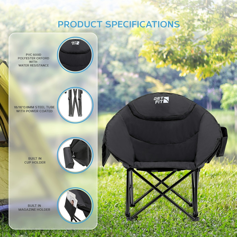 image 1 of Get Fit Set of 2 Moon Camping Chairs - Outdoor Folding Chair With Magazine Pocket, Cup Holder & Carry Bag Weight Capacity of 130kg