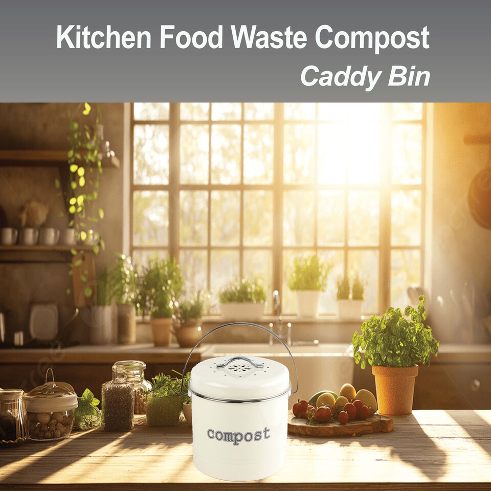 image 1 of Apollo 3L Cream Metal Kitchen Compost Caddy with Lid and Activated Charcoal Filter Countertop Food Waste Bin Odor Control Handle