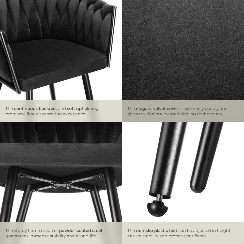 image 1 of Dining Chair Astano - padded, velvet, knot design, continuous backrest - Set of 2 Black