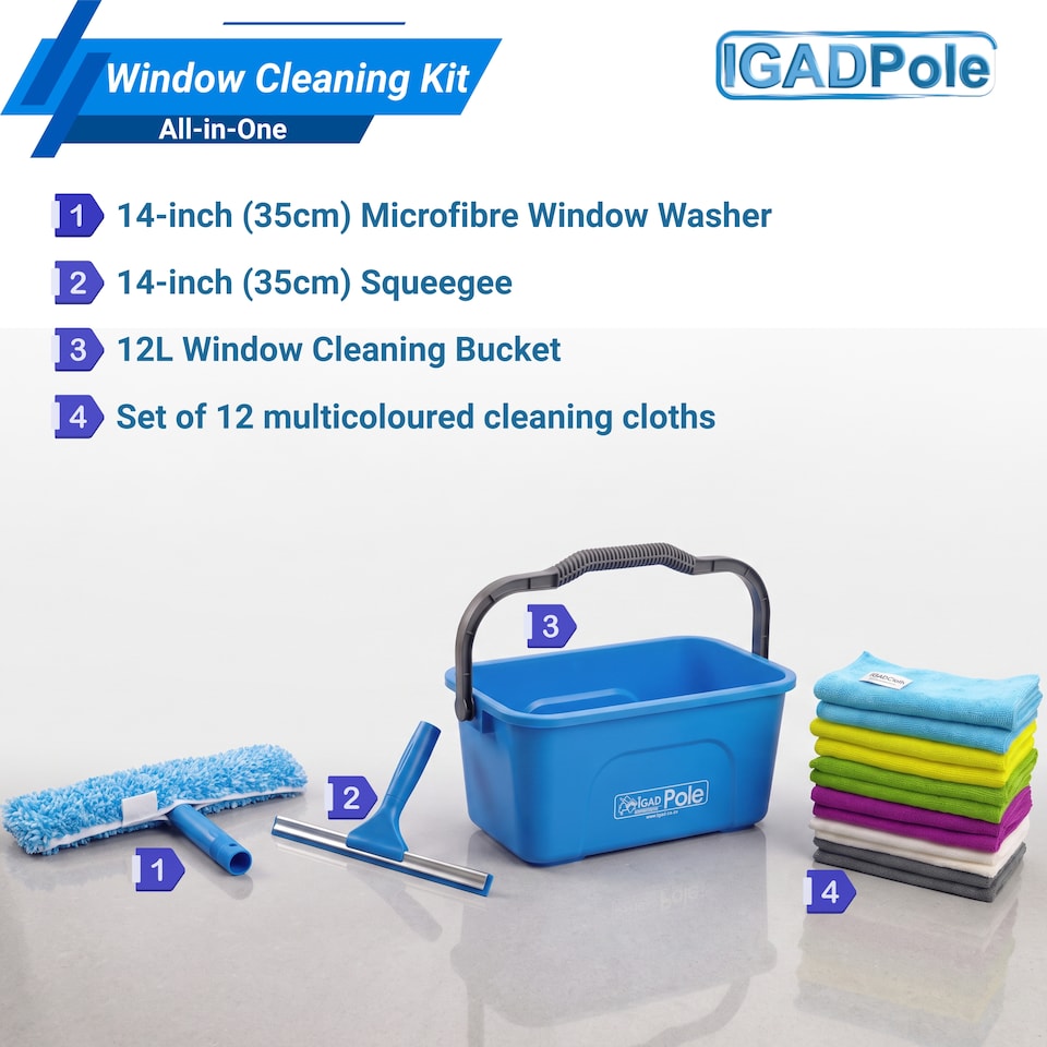 image 1 of IGADPole 12L Window Cleaning Bucket Kit with 14" Squeegee & Microfibre Washer Head + 12x Free Microfibre Cloths