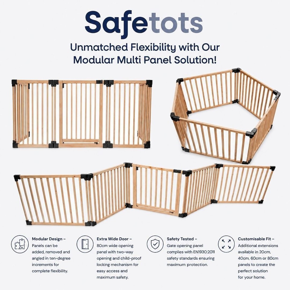 image 1 of Safetots Wooden Multi Panel Room Divider, up to 416cm, Natural Wood, 76cm Tall, Flexible Room Divider for Baby and Toddler | Cream | Natural