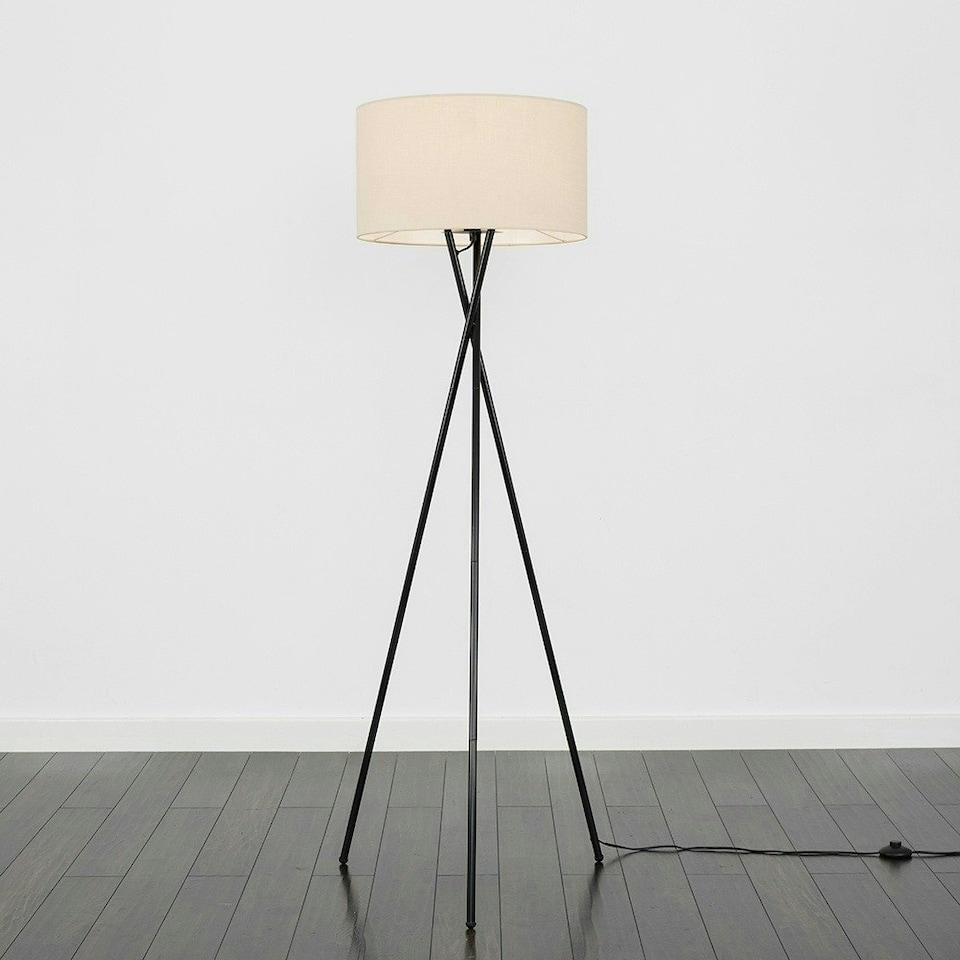 image 1 of ValueLights Camden Black Tripod Floor Lamp Natural Shade & Bulb Cream