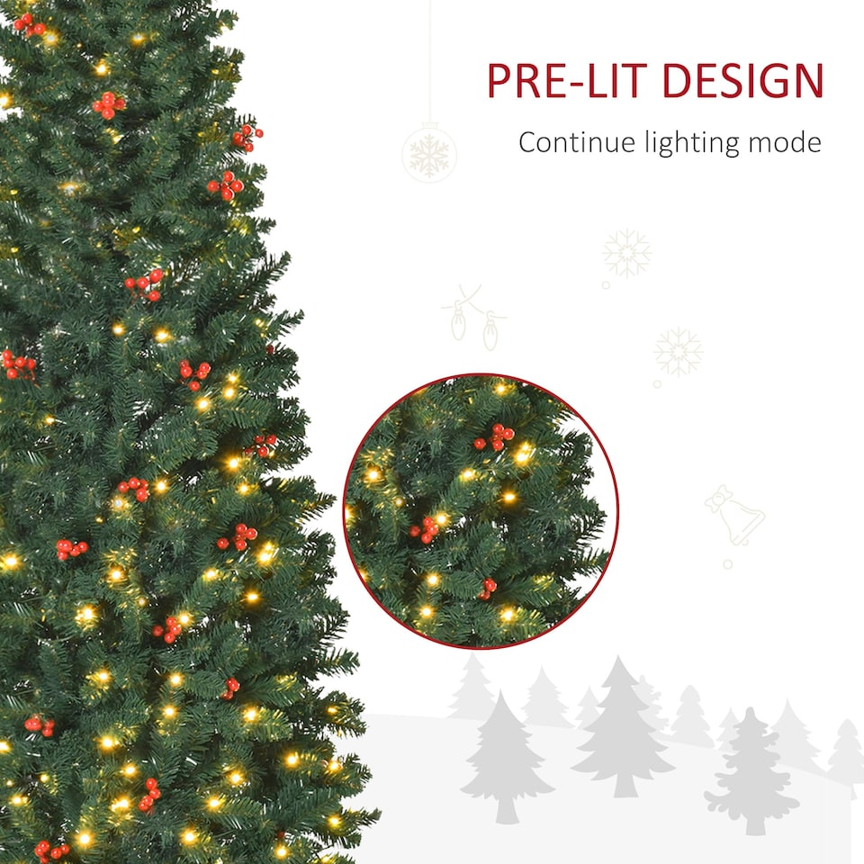 image 1 of HOMCOM 6FT Prelit Pencil Christmas Tree w/ LED Light, Berry, Xmas Decoration