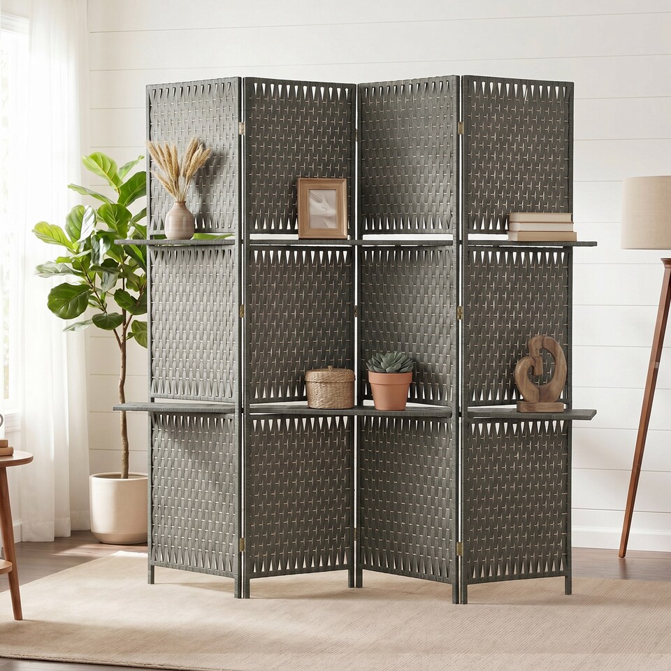image 1 of HOMCOM 4-Panel Folding Room Divider with Shelves