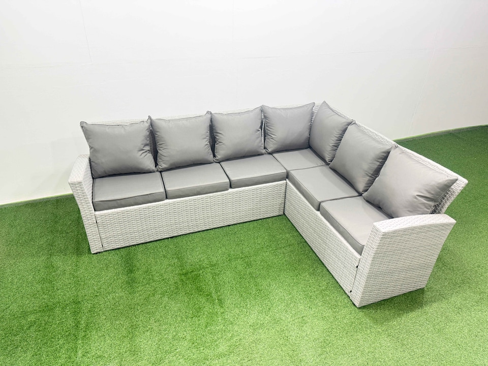 image 1 of Fimous Outdoor Garden Furniture Sets 9 Seater Wicker Rattan Corner Sofa Sets with Rectangular Dining Table Lounge Sofa 2 Big Footstools Armchair Light Grey