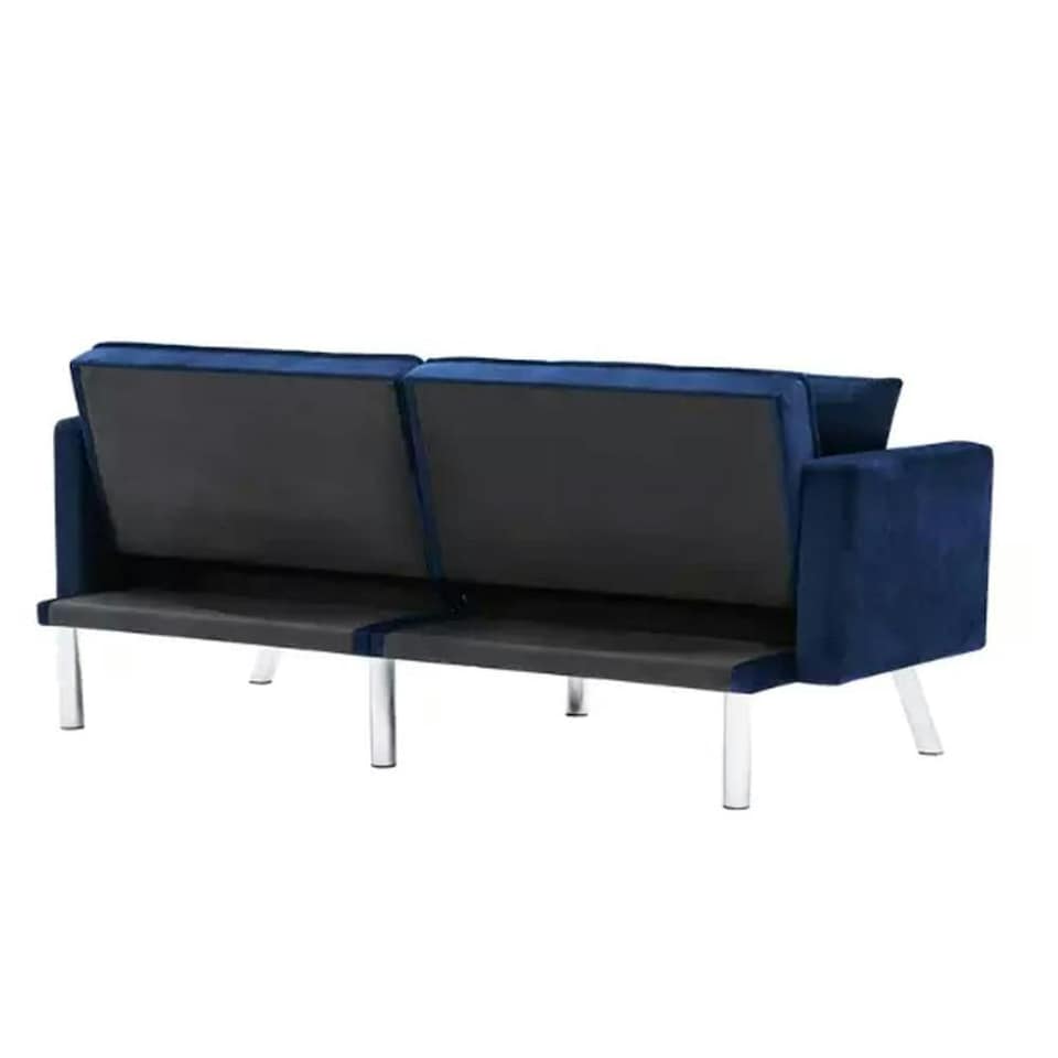 image 1 of Sofa Bed 2 Seater Blue Velvet Click Clack Sofa Settee Recliner Couch with Metal Legs 2 Pillows Blue