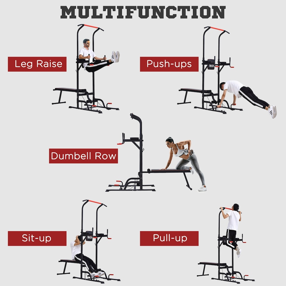 image 1 of HOMCOM Multifunction Home Workout Station Tower Steel Frame w/ Bench